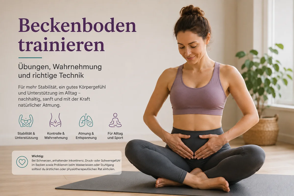 Frau in ruhiger Sitzposition mit den Händen am Unterbauch; eingeblendete Hinweise zu Beckenbodentraining, Wahrnehmung und Technik