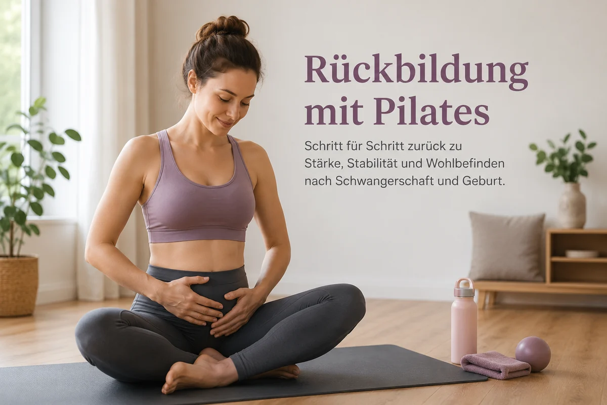 Frau in ruhiger Pilates-Sitzposition mit eingeblendeter Überschrift „Rückbildung mit Pilates“ und Hinweis auf den Wiedereinstieg nach Schwangerschaft und Geburt